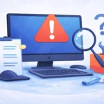 Illustration showing a computer with error icons and basic troubleshooting tools, representing beginner-friendly computer problem solving