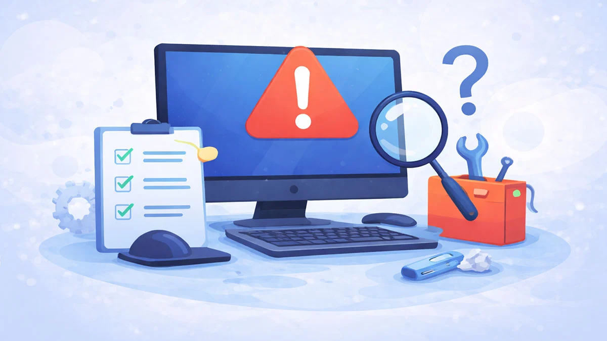 Illustration showing a computer with error icons and basic troubleshooting tools, representing beginner-friendly computer problem solving