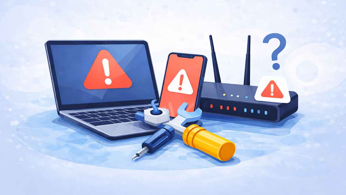 Illustration showing common tech problems on a laptop, smartphone, and Wi-Fi router with beginner-friendly tools to fix them