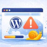 Illustration showing a slow WordPress website with loading issues and warning signs, representing common performance problems and troubleshooting