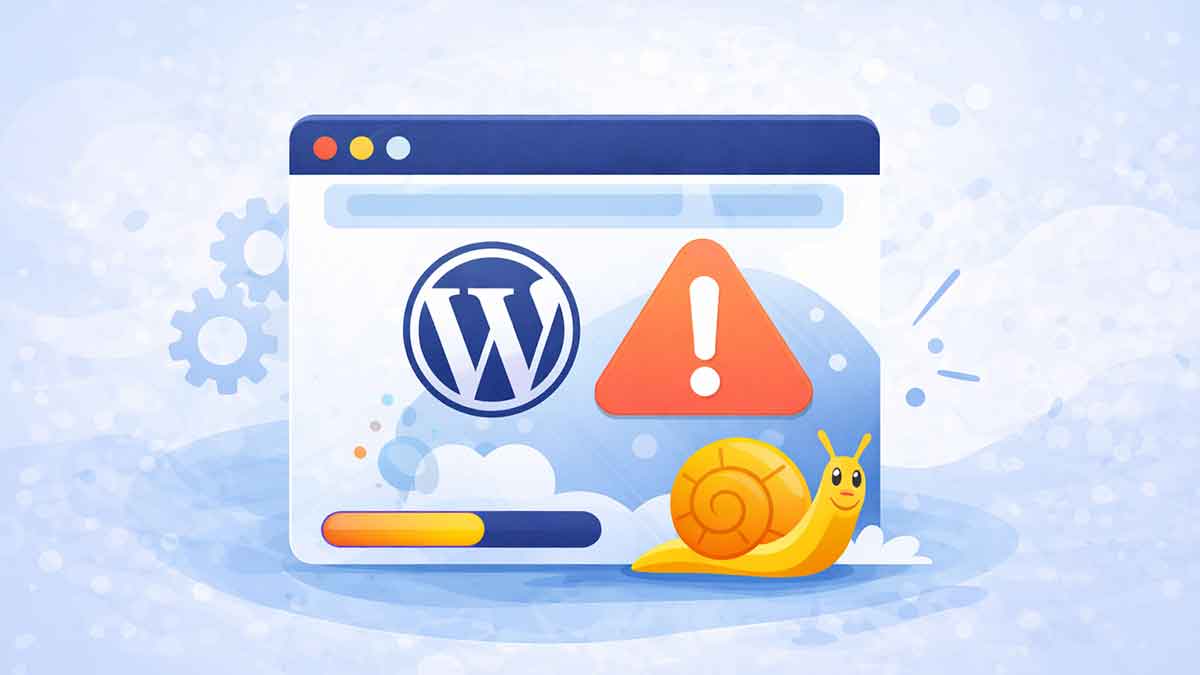 Illustration showing a slow WordPress website with loading issues and warning signs, representing common performance problems and troubleshooting