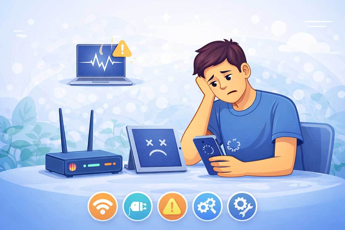 Person troubleshooting common computer problems with laptop and devices 👉 Clear, natural, descriptive. No keyword stuffing.