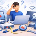 Person troubleshooting common computer problems with laptop and devices 👉 Clear, natural, descriptive. No keyword stuffing.