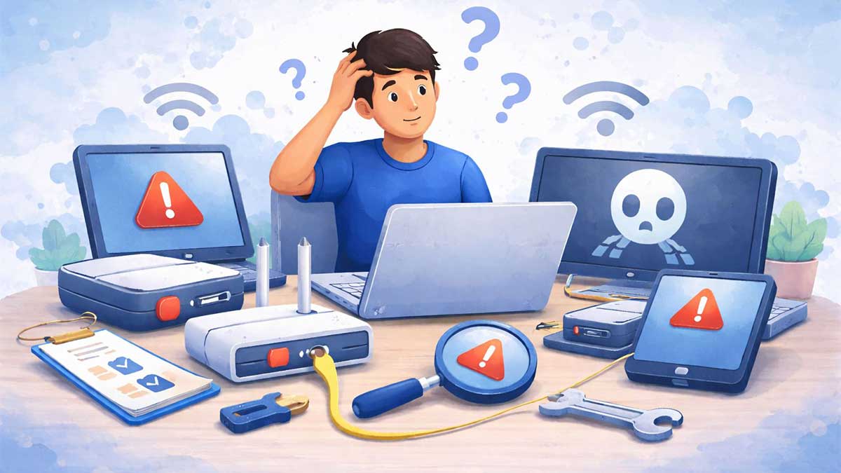 Person troubleshooting common computer problems with laptop and devices 👉 Clear, natural, descriptive. No keyword stuffing.