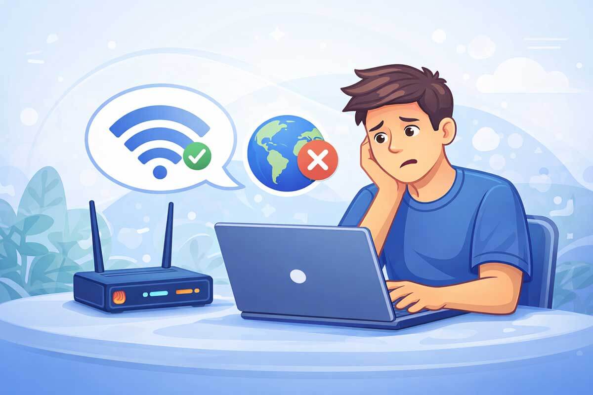 Person troubleshooting internet connection issues on a laptop with router and devices on desk