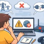 Person troubleshooting internet connection issues on a laptop with router and devices on desk