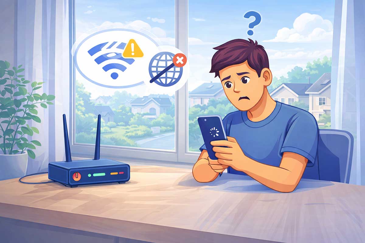 Person troubleshooting internet connection issues on a laptop with router and devices on desk