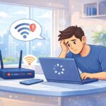 person frustrated with slow internet connection on laptop with wifi router nearby 👉 (Natural + keyword included)