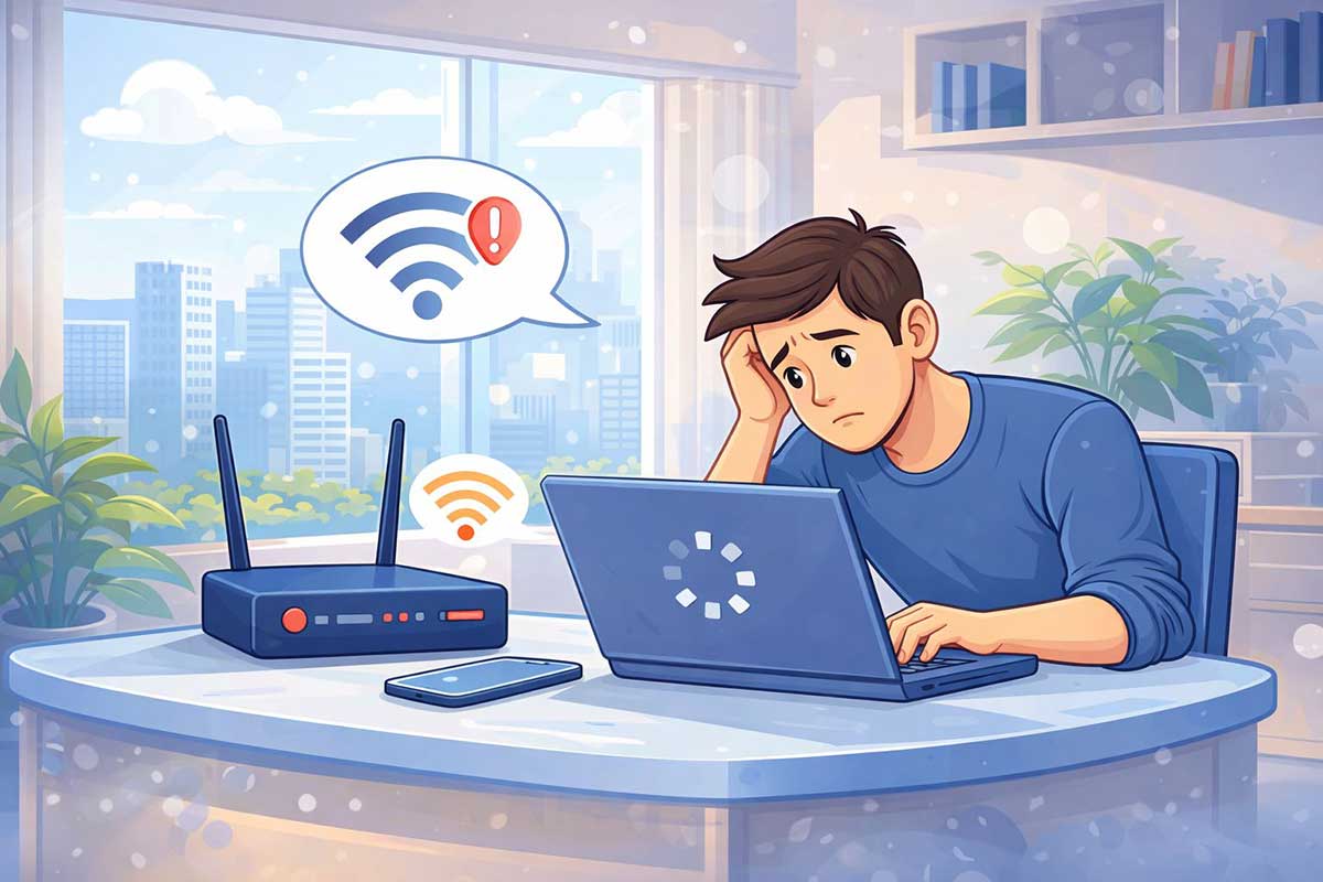 person frustrated with slow internet connection on laptop with wifi router nearby 👉 (Natural + keyword included)