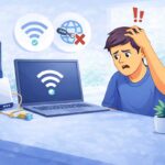 frustrated person laptop connected to wifi but no internet access problem illustration