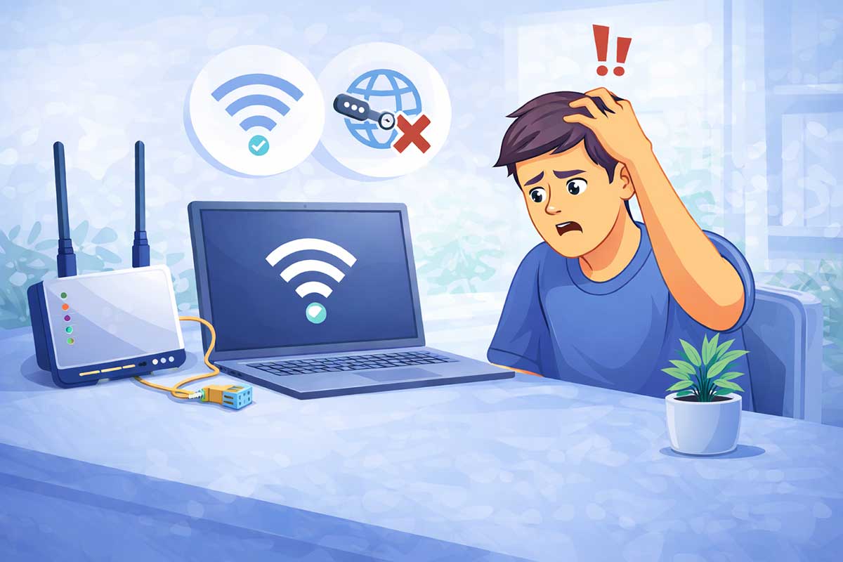 frustrated person laptop connected to wifi but no internet access problem illustration