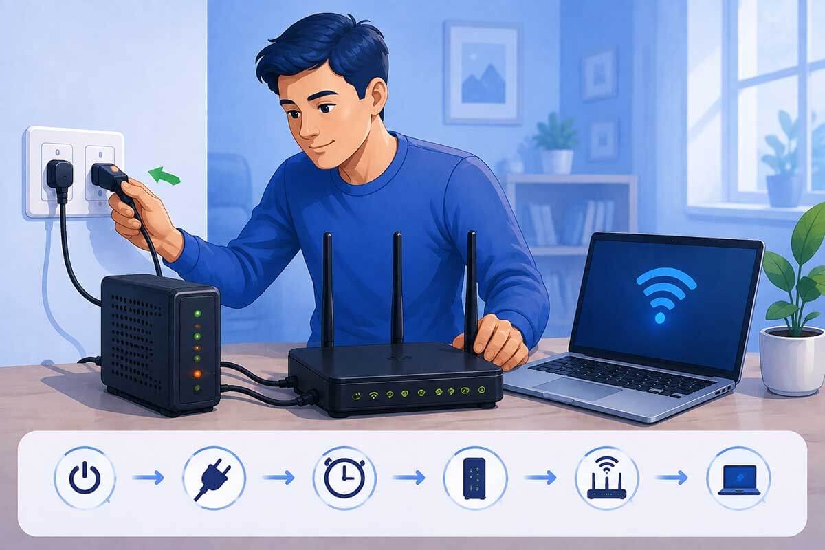 Person restarting a Wi-Fi router and modem to fix a connected but no internet problem.