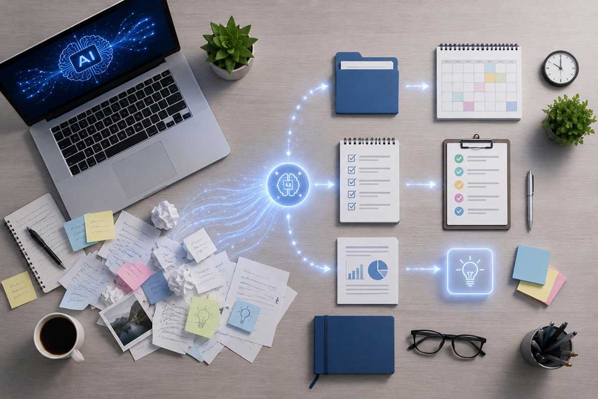AI productivity workflow turning scattered tasks into an organized schedule and checklist