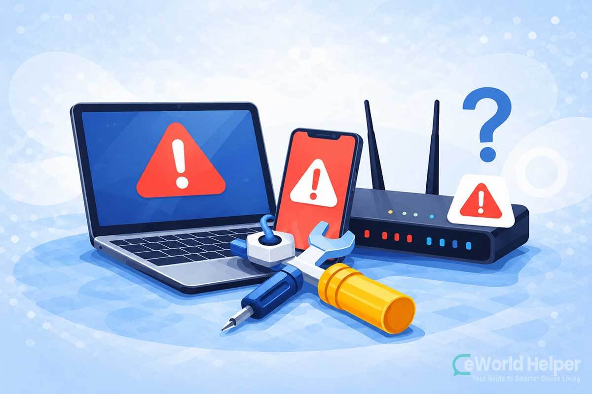 Illustration showing common tech problems on a laptop, smartphone, and Wi-Fi router with beginner-friendly tools to fix them