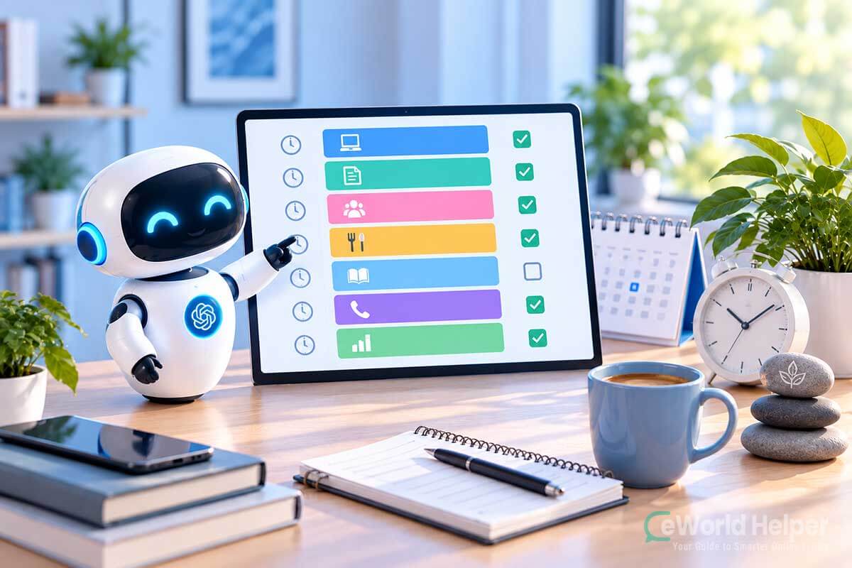 AI-assisted daily schedule with organized tasks, breaks and completed activities